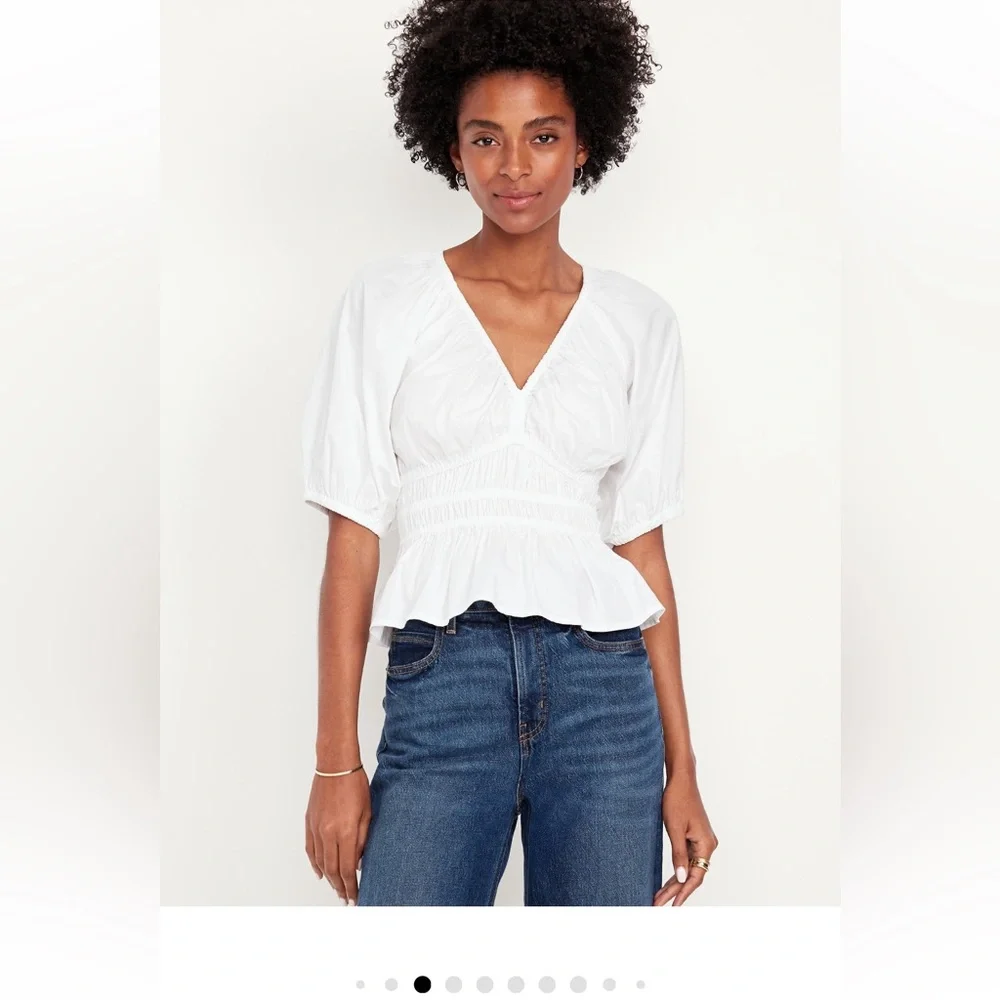 Old Navy White Smocked V-Neck Peplum Top